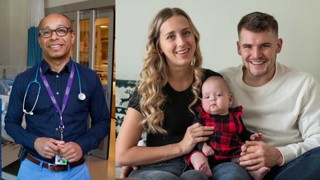 left: Dr. Bernard Thebaud in hospital room, Right: family with baby on lap